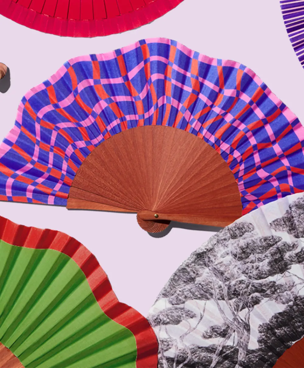 A FAN OF Abanico Éventail fluid shapes blue red handmade